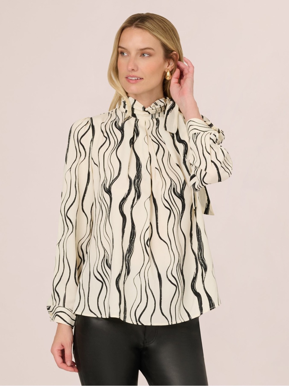 Adrianna Papell Ivory & Black Abstract Brush Tie-Neck Blouse | Small - Picture 3 of 14